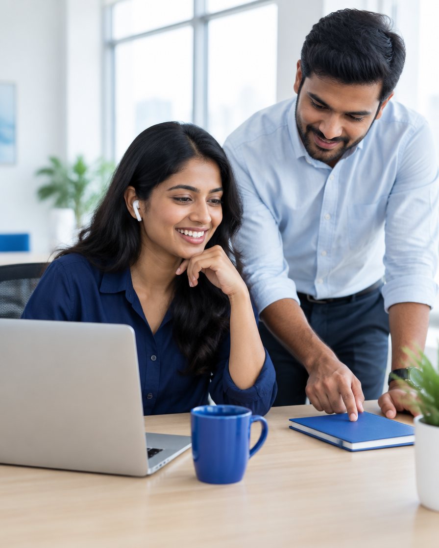 A sales team member smiling on a customer call while a colleague points to next steps in a notebook